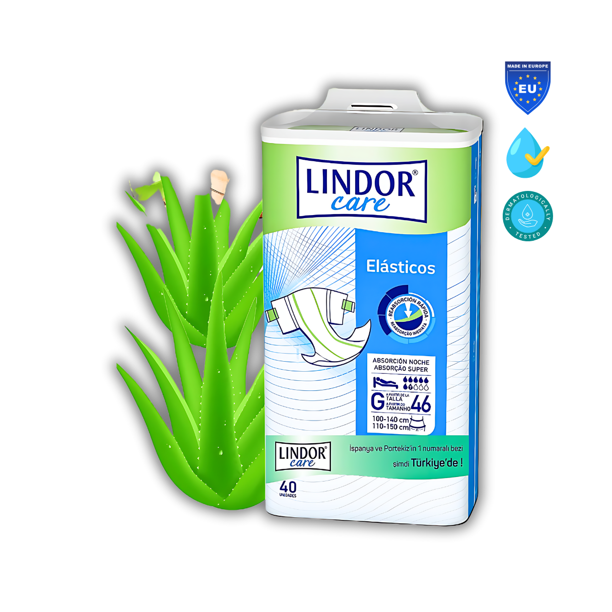 Lindor Care-Bağlamalı Hasta Bezi 7 Damla Aloe Vera Losyonlu L/M (40'lı)