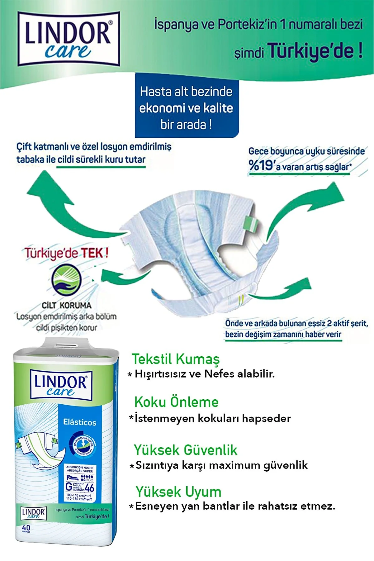Lindor Care-Bağlamalı Hasta Bezi 7 Damla Aloe Vera Losyonlu L/M (40'lı) - Görsel 2