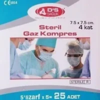 DS Sağlık Steril Gaz Kompres 4 Katlı 7,5x7,5Cm 25 Adet (5x5 Ad)